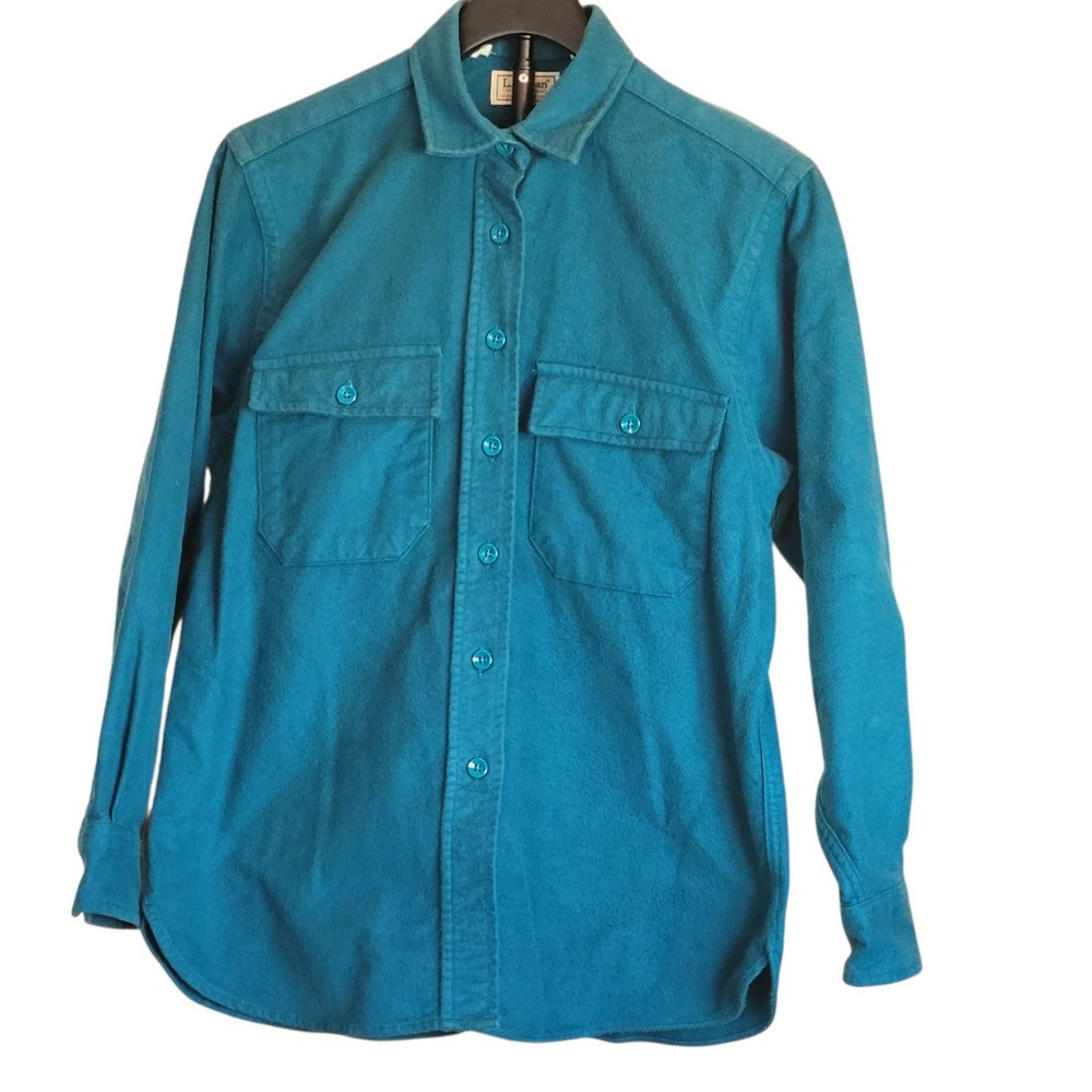 Vintage LL Bean Chamois Cloth Shirt Teal Blue Cotton Button Down USA Made 10